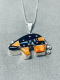 Fantastic Native American Navajo Spiny Oyster Sterling Silver Bear Necklace Signed-Nativo Arts