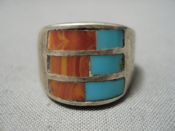 Incredible Vintage Native American Navajo Turquoise Coral Sterling Silver Ring Old-Nativo Arts