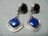 Exquisite Navajo Native American Lapis Jet Sterling Silver Earrings-Nativo Arts