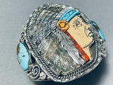 Native American One Of Most Intricate Ever Turquoise Hand Carved Chief Sterling Silver Bracelet-Nativo Arts