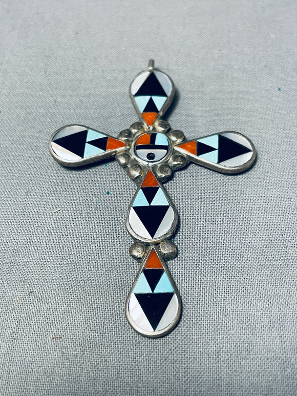 Zeno Edaakie Vintage Native American Zuni Turquoise Coral Sterling Silver Sunface Cross Pendant-Nativo Arts