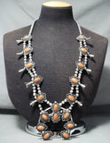 Sally Yazzie Vintage Native American Navajo Coral Sterling Silver Squash Blossom Necklace-Nativo Arts