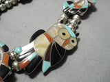 Best Vintage Native American Zuni Inlay Owl Turquoise Sterling Silver Squash Blossom Necklace-Nativo Arts
