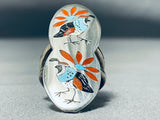Extreme Intricacy Native American Zuni Turquoise Coral Sterling Silver Bird Ring-Nativo Arts