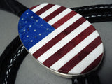 Huge American Flag Native American Navajo Coral Lapis Sterling Silver Inlay Bolo Tie-Nativo Arts