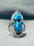 Striking Vintage Native American Navajo 2 Morenci Turquoise Sterling Silver Ring-Nativo Arts
