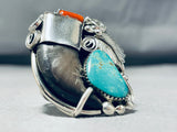 Gigantic Mens Native American Navajo Turquoise Coral Sterling Silver Leaf Ring-Nativo Arts