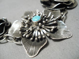 Extremely Detailed Handmade Flower Sterling Silver Turquoise Native American Navajo Necklace-Nativo Arts