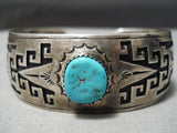 Detailed Vintage Native American Navajo Hand Wrought Geometrc Sterling Silver Turquoise Bracelet-Nativo Arts