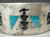 Thick Heavy Vintage Native American Navajo Turquoise Inlay Sterling Silver Bracelet Old-Nativo Arts