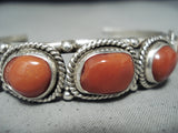 Outstanding Native American Navajo Signed 5 Corals Sterling Silver Bracelet-Nativo Arts