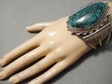 Towering Vintage Native American Navajo Green Spiderweb Turquoise Sterling Silver Bracelet Old-Nativo Arts