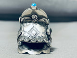 Elaborate Signed Native American Navajo Sleeping Beauty Turquoise Sterling Silver Saddle Ring-Nativo Arts