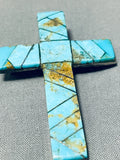 Glorious Vintage Native American Zuni Signed Turquoise Inlay Sterling Silver Cross Pin Pendant-Nativo Arts