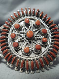 Coral Sun Native American Zuni Coral Needlepoint Sterling Silver Huge Bracelet-Nativo Arts