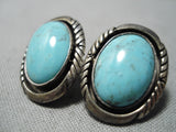 Rare Earth Blue Turquoise Vintage Native American Navajo Sterling Silver Earrings Old-Nativo Arts