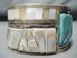 One Of The Best Vintage Native American Navajo Turquoise Pearl Sterling Silver Inlay Bracelet-Nativo Arts
