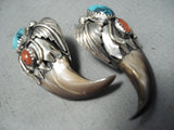 Authentic Bear Vintage Native American Navajo Turquoise Coral Sterling Silver Earrings-Nativo Arts