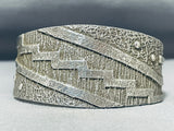 Extraordinary Native American Navajo Signed Huge Handcarved Textured Silver Cuff-Nativo Arts