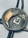Carved Bear Motif Vintage Native American Navajo Sterling Silver Bolo Tie Old-Nativo Arts