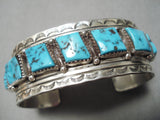 So Rare!! Slanted Squared Turquoise Vintage Native American Navajo Sterling Silver Bracelet-Nativo Arts