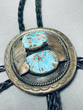 Impressive Vintage Native American Navajo Signed 2 Kingman Turquoise Sterling Silver Large Bolo-Nativo Arts