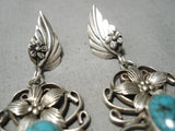 One Of Most Intricate Vintage Native American Navajo Spider Turquoise Sterling Silver Earrings-Nativo Arts