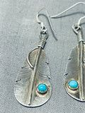 Very Detailed Vintage Native American Navajo Feather Turquoise Sterling Silver Earrings-Nativo Arts