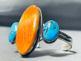 Very Unique Vintage Native American Navajo Turquoise Orange Shell Sterling Silver Bracelet-Nativo Arts