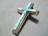 Striking Vintage Native American Navajo Turquoise Inlay Cross Sterling Silver Pendant-Nativo Arts