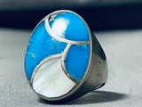 Huge Heavy Vintage Native American Navajo Turquoise Sterling Silver Pearl Ring Old-Nativo Arts