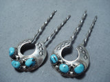 Dynamic Vintage Native American Navajo Kingman Turquoise Sterling Silver Hairpins Old-Nativo Arts