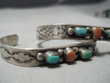 Rare Pair Of Quality Vintage Native American Navajo Turquoise Coral Sterling Silver Bracelet-Nativo Arts