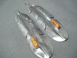 So Long Vintage Native American Navajo Spiny Oyster Sterling Silver Feather Earrings-Nativo Arts