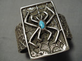 Huge Rare Vintage Native American Navajo Spider Sterling Silver Turquoise Bracelet Old-Nativo Arts