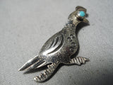Whimsical Vintage Native American Navajo Turquoise Sterling Silver Roadrunner Pin Old-Nativo Arts