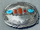 Henry Signed Vintage Native American Navajo Turquoise Coral Sterling Silver Buckle Old-Nativo Arts