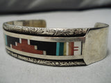 Superior Vintage Zuni Native American Navajo Turquoise Inlay Geomtric Sterling Silver Bracelet-Nativo Arts