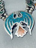 124 Gram Vintage Native American Navajo Turquoise Inlay Sterling Silver Squash Blossom Necklace-Nativo Arts