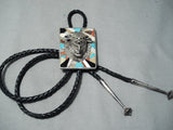 Huge Buffalo Vintage Native American Navajo Turquoise Sterling Silver Inlay Bolo Tie Old-Nativo Arts