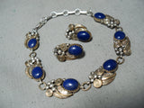 Signed Vintage Native American Navajo Lapis Sterling Silver Leaf Bracelet Earrings Set-Nativo Arts