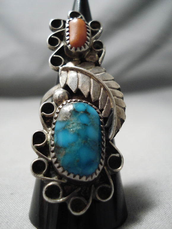 Dramatic Vintage Native American Navajo Candelaria Turquoise Sterling Silver Ring Old-Nativo Arts