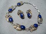 Signed Vintage Native American Navajo Lapis Sterling Silver Leaf Bracelet Earrings Set-Nativo Arts