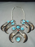 Authentic Bear Vintage Native American Navajo Turquoise Sterling Silver Squash Blossom Necklace-Nativo Arts