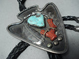Exceptional Vintage Native American Navajo Old Kingman Turquoise Coral Sterling Silver Bolo Old-Nativo Arts