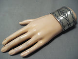 Huge Rug Design Vintage Native American Navajo Hand Tooled Sterling Silver Wide Bracelet-Nativo Arts