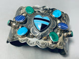Native American Huge Vintage Navajo Turquoise Heart Sterling Silver Wide Bracelet Old-Nativo Arts