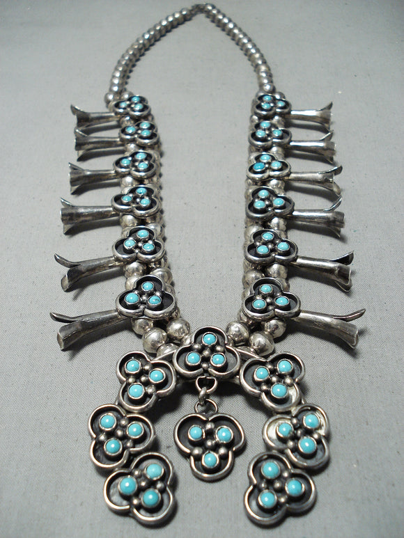 Women's Turquoise Vintage Native American Navajo Sterling Silver Squash Blossom Necklace-Nativo Arts