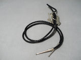 Important Hand Carved Native American Navajo Turquoise Sterling Silver Toad Bolo Tie-Nativo Arts