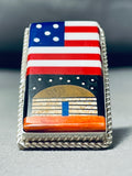 Most Unique Modern Native American Navajo American Flag Hogan Sterling Silver Inlay Ring-Nativo Arts